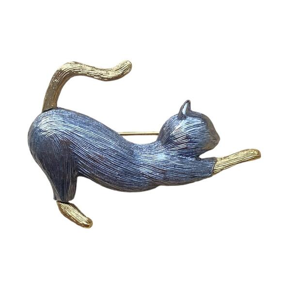 Vintage Two Tone Stretching Cat Brooch Pin Signed Liz Claiborne 2” Silver Gold - Picture 4 of 4